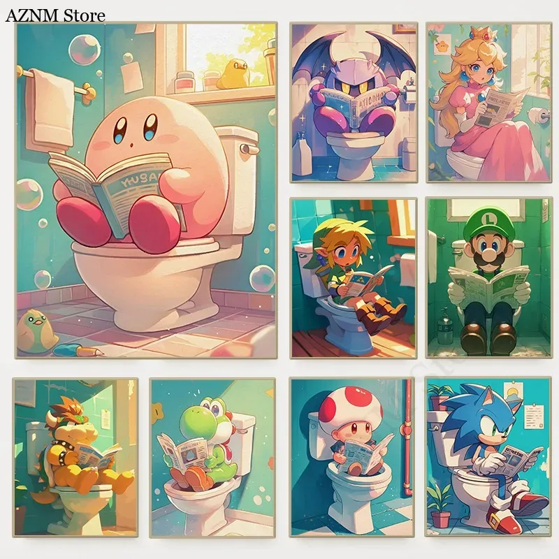 Home Bathroom Toilet - Lustiges Badezimmer-Cartoon-Videospiel-Poster, niedliche animierte Charaktere, Toiletten-Leinwandgemälde,