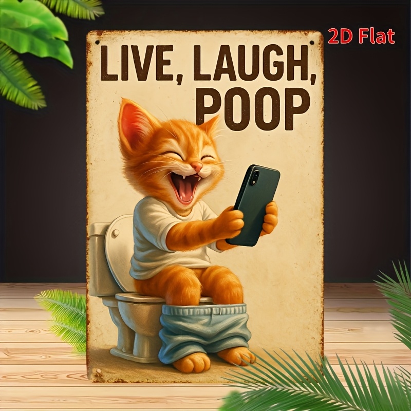 Home Bathroom Signs - Lustige Katze auf Toilette, Metall-Wandkunst –