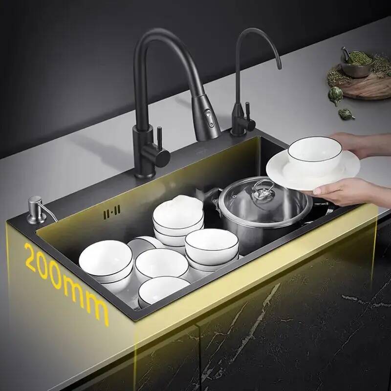 Home One Bathroom Accessories - Schwarzes Nano-Küchenspülbecken aus Edelstahl, Einzelbecken für