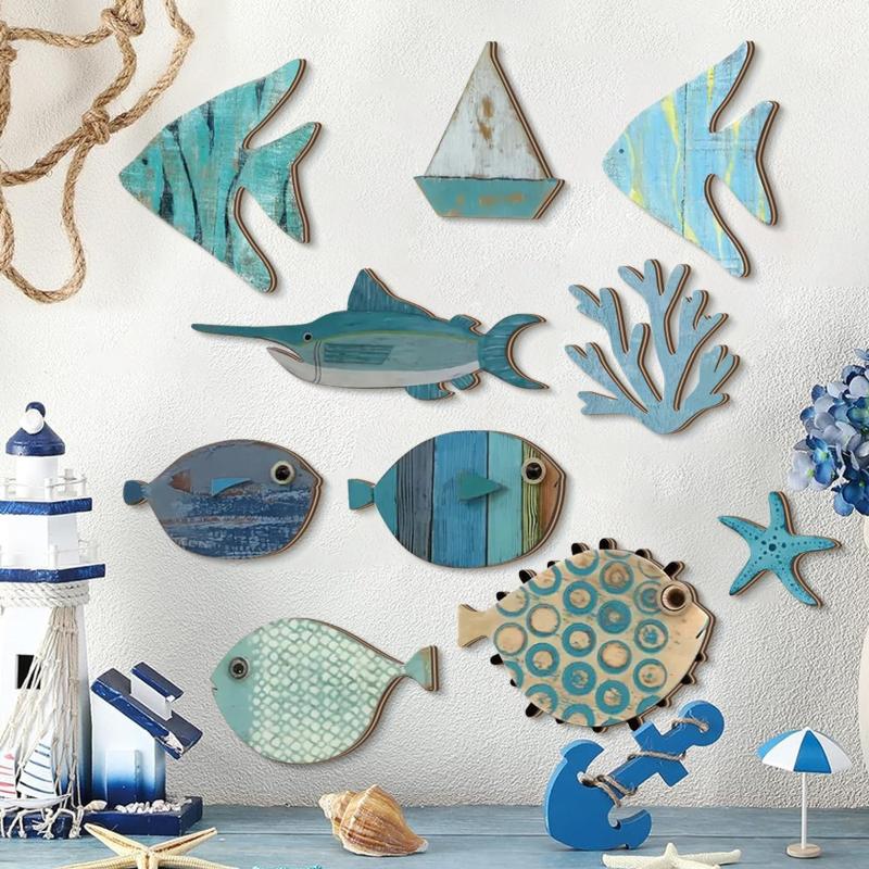 Jet Home Bathroom - 10-teiliges Set Fisch-Wanddekoration Holzfische zum Aufhängen